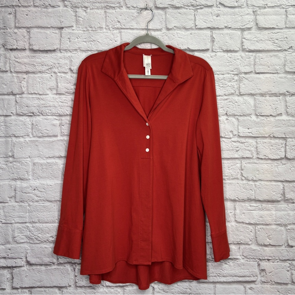 Wynne Layers Womens Tunic Top Size M Long Sleeve Button Down Cotton Burnt Orange